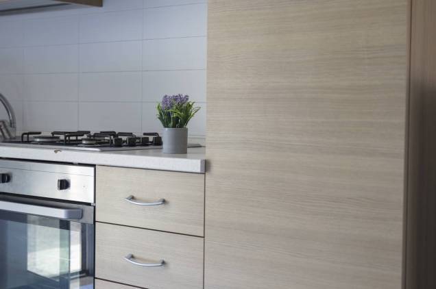 Dettaglio della cucina attrezzata: forno, frigorifero e piano cottura